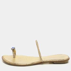 Roberto Cavalli Gold Leather Toe Ring Flat Sandals Size 39