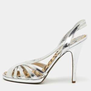 Roberto Cavalli Silver Metallic Leather Strappy Slingback Sandals Size 40