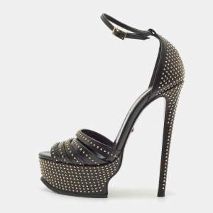 Roberto Cavalli Black Leather Studded Platform Sandals Size 36