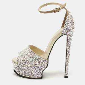 Pre Owned Roberto Cavalli Beige Suede Crystals Embellished Platform Sandals Size 36