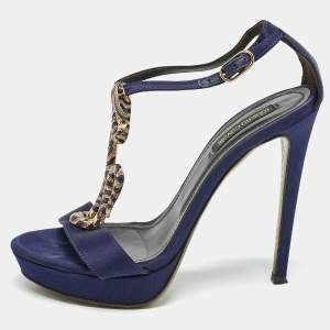 Roberto Cavalli Purple Satin Snake Embellished T-Strap Sandals Size 36