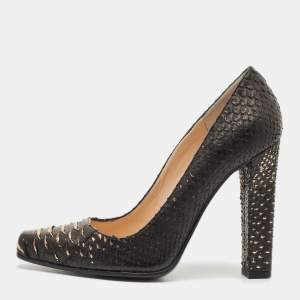 Roberto Cavalli Dark Brown/Gold Watersnake Leather Block Heel Pumps Size 38.5