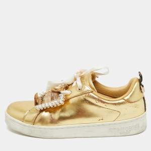 Pre Owned Roberto Cavalli Gold Leather Crystal Embellished Low Top Sneakers Size 39