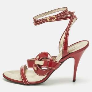 Pre Owned Roberto Cavalli Red Patent Leather Ankle Wrap Sandals Size 38