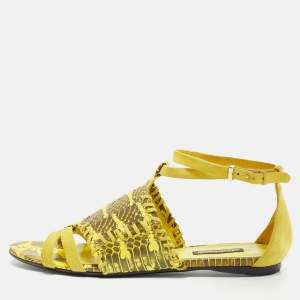 Pre Owned Roberto Cavalli Yellow/Black Watersnake Leather Ankle Strap Flat Sandals Size 38