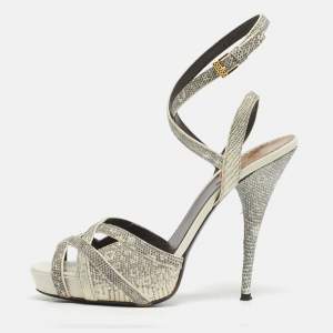مملوكة مسبقًا Roberto Cavalli Size 39 Grey Lizard Embossed Leather Ankle Strap Sandals