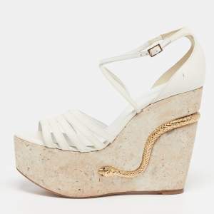 Pre Owned Roberto Cavalli Size 40 White Leather Snake Detail Cork Platform Wedge Sandals
