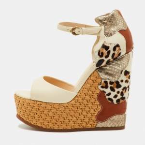Pre Owned Roberto Cavalli Size 36.5 Beige Leather Woven Platform Wedge Sandals