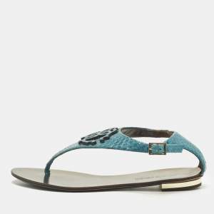 Pre Owned Roberto Cavalli Size 37 Blue Python Embossed Leather Thong Flats