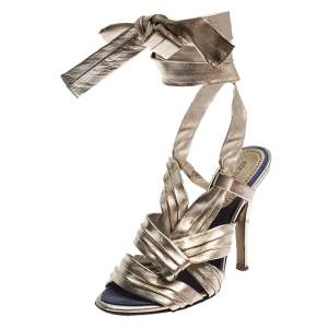 Pre Owned Roberto Cavalli Metallic Gold Leather Ankle Wrap Strappy Sandals Size 35.5