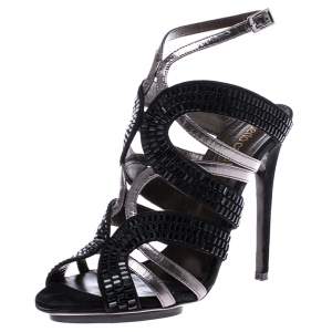 Pre Owned Roberto Cavalli Metallic Leather And Black Crystal Ankle Strap Sandals Size 37.5