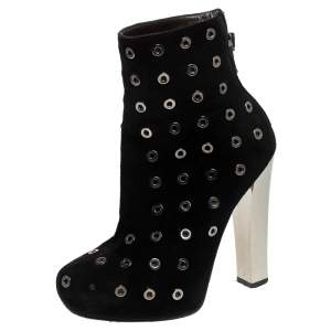 Roberto Cavalli Black Eyelet Suede Platform Ankle Boots Size 36.5
