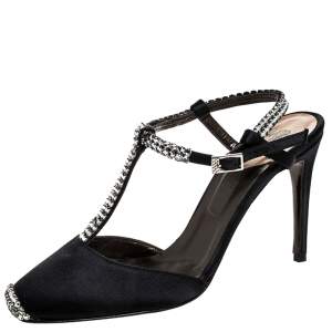 مملوكة مسبقًا Roberto Cavalli Black Satin Crystal Embellished T-Bar Ankle Strap Sandals Size 38