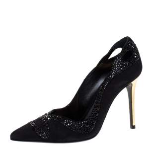 Roberto Cavalli Black Crystal Embellished Suede Pointed Toe Pumps Size 38