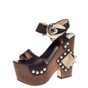 Pre Owned Roberto Cavalli Brown Leather Embellished Buckle Detail Platform Wedge Sandals Size 37