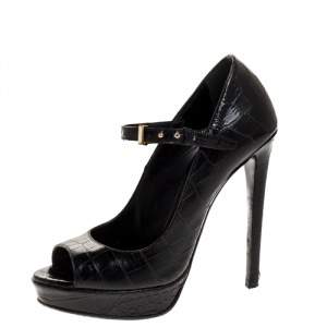 Roberto Cavalli Black Croc Embossed Leather Mary Jane Peep Toe Pumps Size 35.5