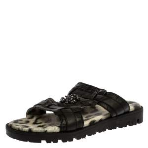 Roberto Cavalli Black Croc Embossed Leather Logo Flat Slide Sandals Size 39