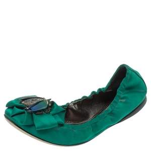 Pre Owned Roberto Cavalli Green Satin Bee Embellished Scrunch Ballet Flats Size 38