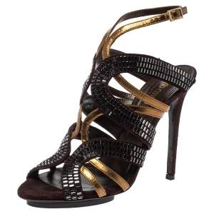 مملوكة مسبقًا Roberto Cavalli Brown/Gold Leather And Suede Crystal Embellished Ankle Strap Sandals Size 38.5
