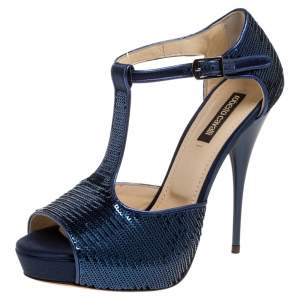 مملوكة مسبقًا Roberto Cavalli Blue Sequin T Strap Platform Open Toe Sandals Size 36