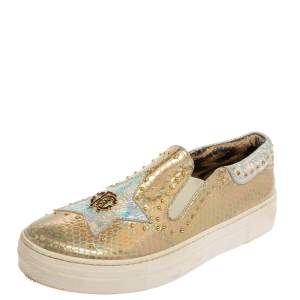 Robert Cavalli Gold Lizard Embossed Leather Slip On Sneaker Size 38