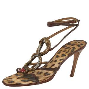 مملوكة مسبقًا Roberto Cavalli Brown Leather Snake Embellishment Sandals Size 40
