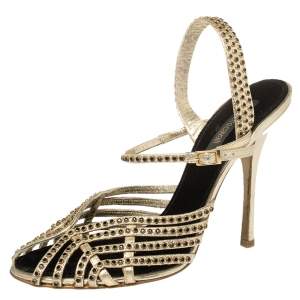 Pre Owned Roberto Cavalli Metallic Gold Leather Studded Strappy Sandals Size 39.5