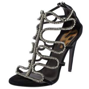 Roberto Cavalli Black Suede Crystal Embellished Sandals Size 40