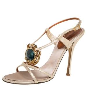 مملوكة مسبقًا Roberto Cavalli Beige Textured Leather Embellished Slingback Sandals Size 39.5