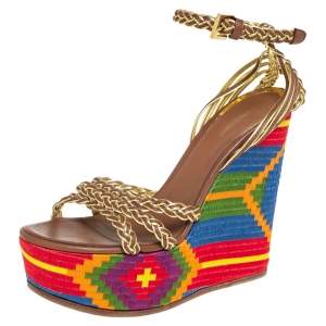 مملوكة مسبقًا Roberto Cavalli Mutlicolor Braided Leather Wedge Platform Ankle Strap Sandals Size 39