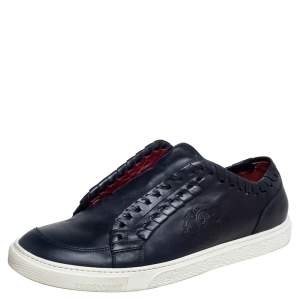 Roberto Cavalli Navy Blue Leather Whip Stitched Sip On Sneakers Size 41