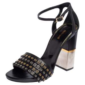 مملوكة مسبقًا Roberto Cavalli  Black Leather Fringe Eyelet  Sandals Size 38