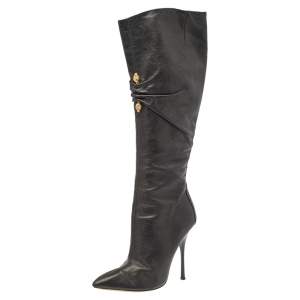 Roberto Cavalli Black Leather Pointed Toe Knee Length Boots Size 39