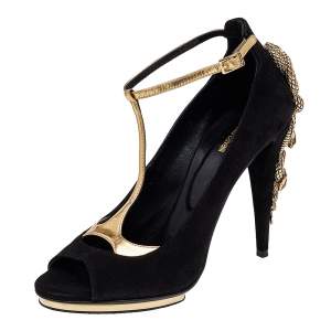 مملوكة مسبقًا Roberto Cavalli Black/Gold Suede And Leather Ankle Strap Snake Embellished Sandals Size 38.5