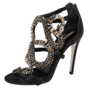 Roberto Cavalli Black Satin Snake Crystal Embellished Sandals Size 36