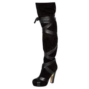 Pre Owned Roberto Cavalli Black Suede and Leather Wrap Tie Thigh High Boots Size 37