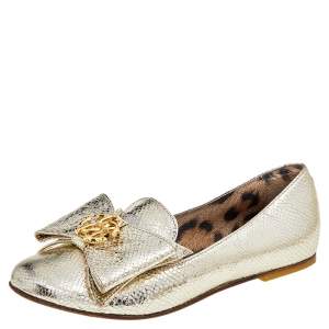 Roberto Cavalli Metallic Gold Python Effect Leather Metal Logo Slip On Loafers Size 37