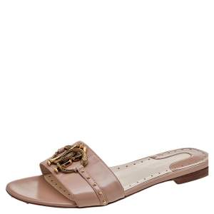 Pre Owned Roberto Cavalli Beige Leather Logo Plaque Flat Slides Size 40