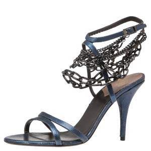 Roberto Cavalli Metallic Blue Leather Ankle Chain/Strap Sandals Size 38