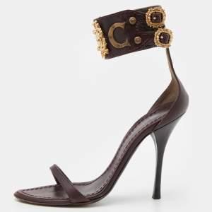 Roberto Cavalli Burgundy Leather Buckle Detail Ankle Cuff Sandals Size 36