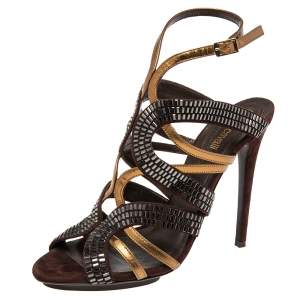 Pre Owned Roberto Cavalli Brown/Gold  Leather And Suede Crystal Embellished Ankle Strap Sandals Size 41 