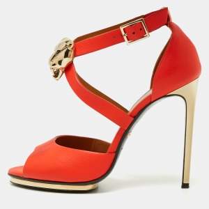 Roberto Cavalli Red Leather Embellished Ankle Strap Sandals Size 39