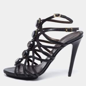 مملوكة مسبقًا Roberto Cavalli Black Cut-Out Leather Embellished Ankle Strap Sandals Size 39