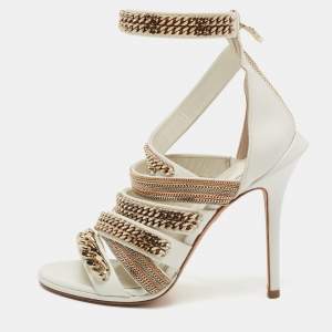 Roberto Cavalli White Leather Embellished Ankle Strap Sandals Size 36 