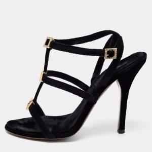 مملوكة مسبقًا Roberto Cavalli Black Velvet Crystal Embellished Strappy Ankle Strap Sandals  Size 38