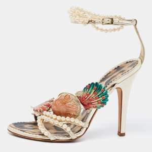 Pre Owned Roberto Cavalli Metallic Gold Leather Embellished Ankle Strap Sandals Size 36