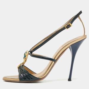 مملوكة مسبقًا Roberto Cavalli Navy Blue Patent Leather Slingback Sandals Size 39