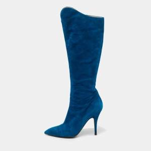 Roberto Cavalli Blue Suede Calf Length Boots Size 40
