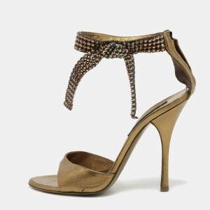 Roberto Cavalli Metallic Leather Crystal Embellished Bow Ankle Strap Sandals Size 36