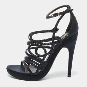 Pre Owned Roberto Cavalli Navy Blue Satin Crystal Embellished Ankle Strap Sandals Size 38